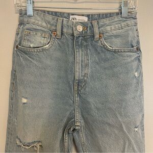ZARA High Rise Straight Leg Ripped Light Denim Color